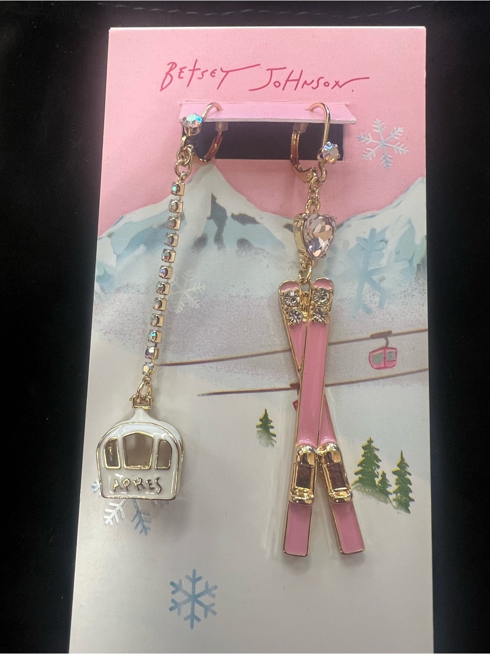 Betsey Johnson Pink and Gold Ski Mismatched Drop Earrings